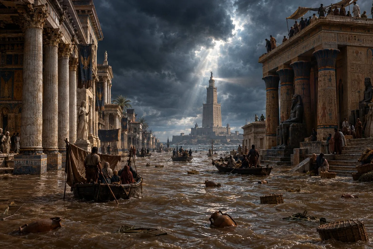 Una avenida de la antigua Alejandría inundada por la crecida del Nilo, con barcas entre columnas y templos y el faro al fondo bajo un cielo de tormenta.