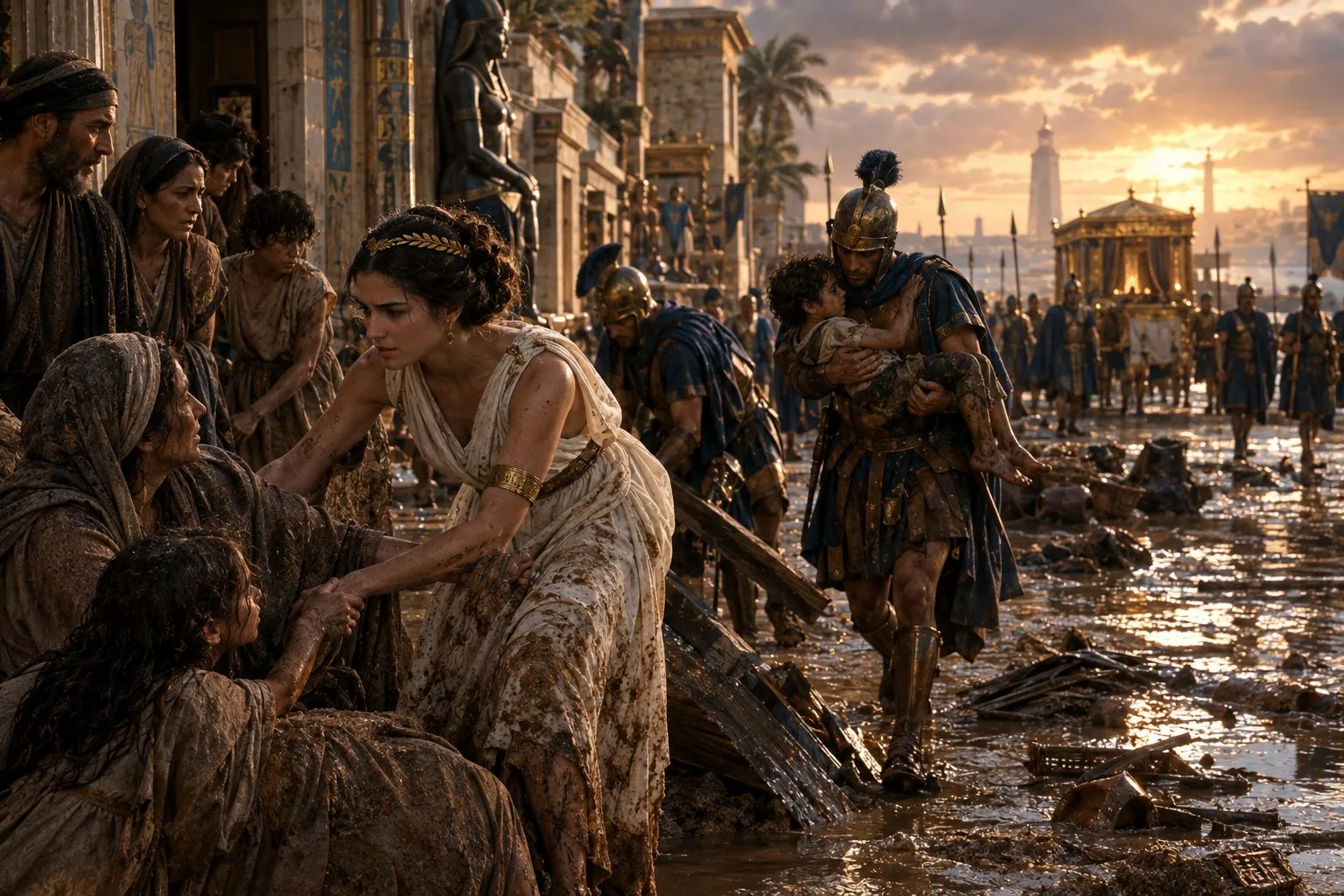 Cleopatra, con la túnica manchada de barro, ayuda a una familia mientras un soldado lleva en brazos a un niño y, al fondo, una litera dorada se aleja escoltada por guardias.