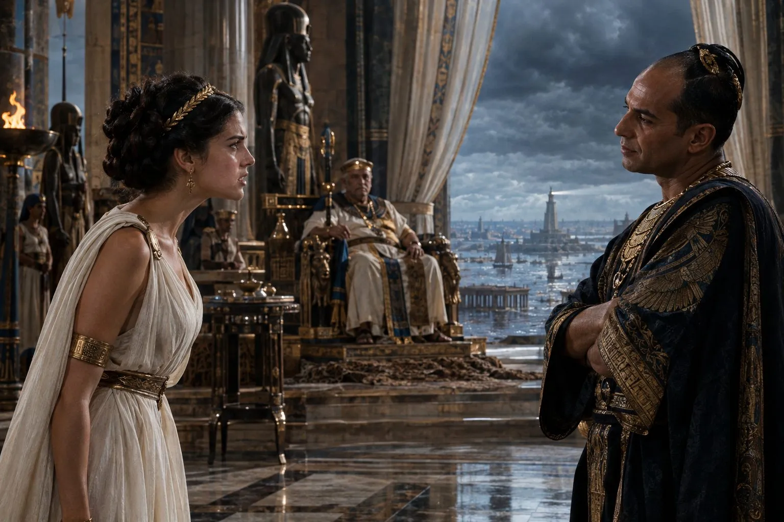 La joven Cleopatra se encara con Potino, que la escucha con los brazos cruzados, mientras el faraón observa desde el trono y por el ventanal se ve la ciudad inundada.