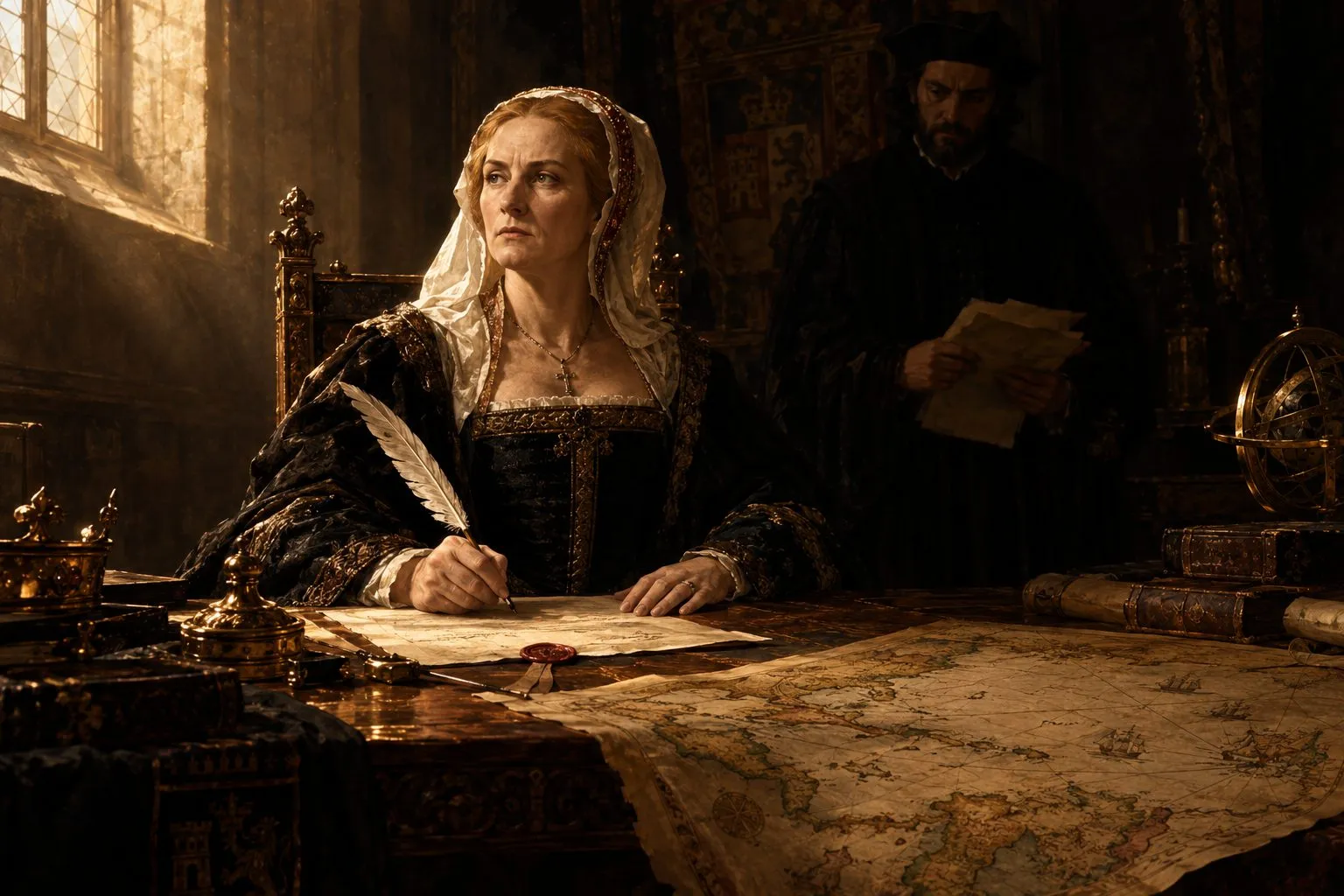 La reina Isabel la Católica, con toca blanca y vestido oscuro, firma un documento con sello de lacre junto a un mapa antiguo, mientras un secretario espera en la penumbra.