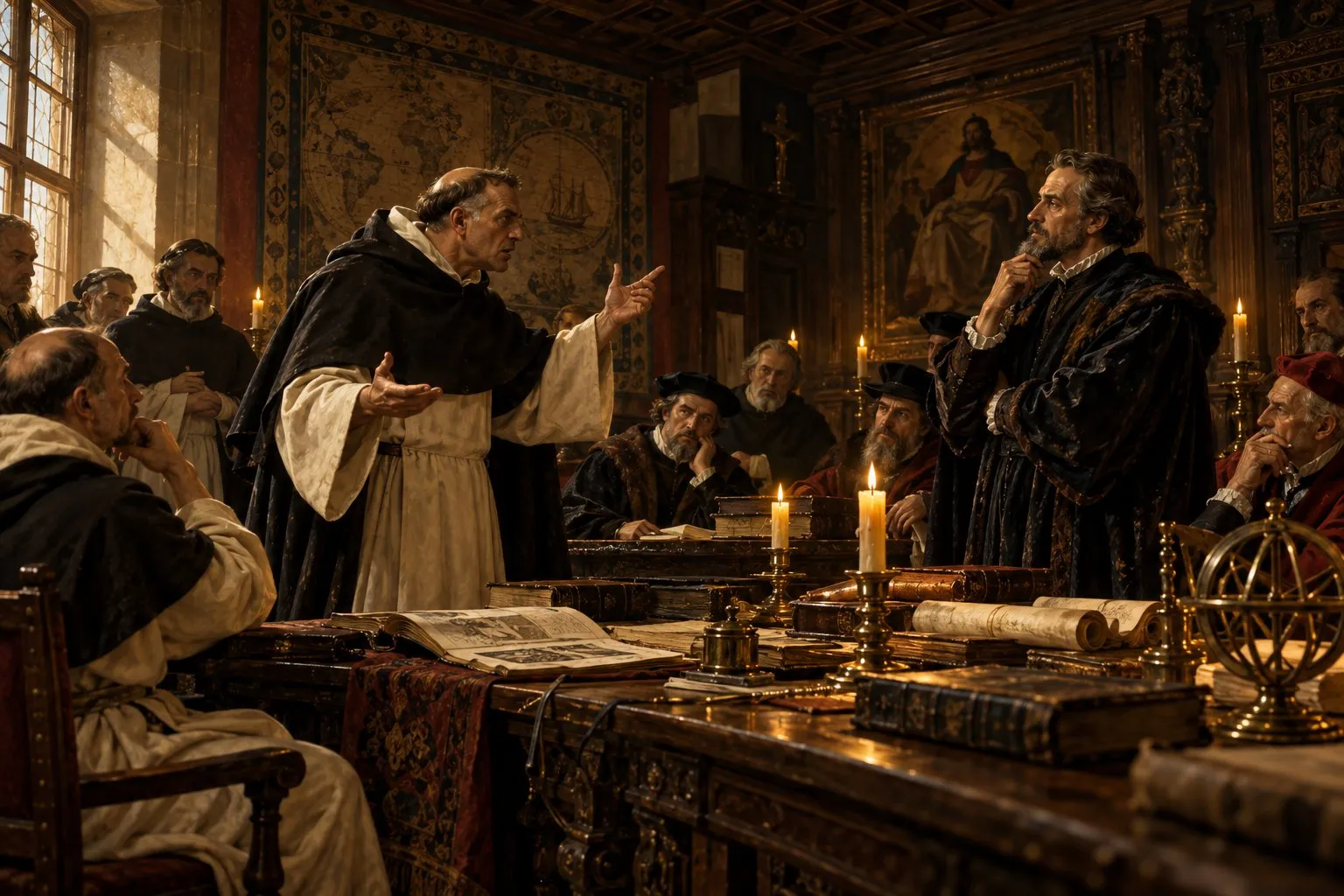 Un fraile dominico debate de pie con un humanista ante una mesa de teólogos y juristas, en una sala del siglo XVI.
