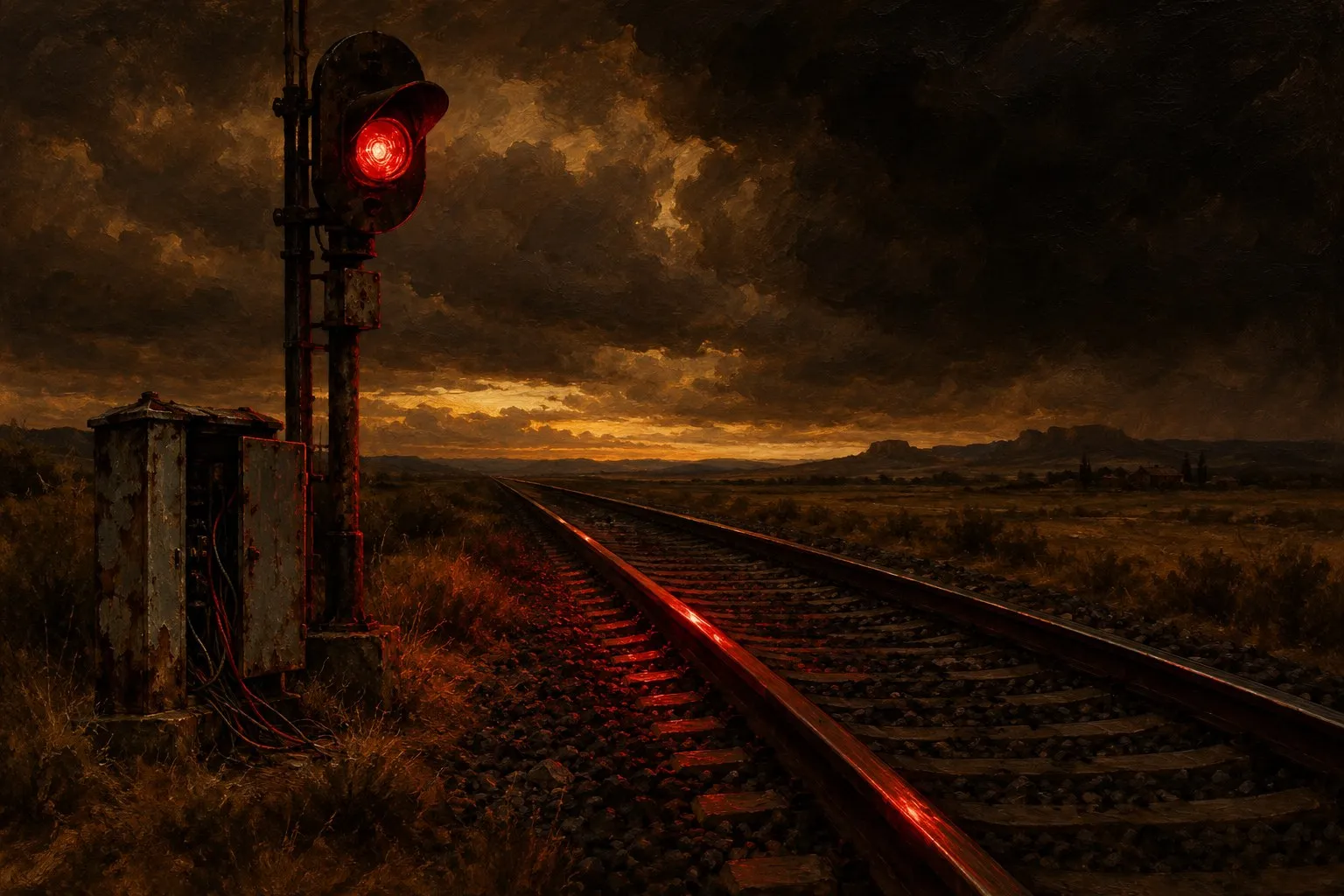 Pintura al óleo: una señal ferroviaria antigua con la luz roja encendida junto a un armario eléctrico oxidado y abierto, al lado de las vías de alta velocidad, en una llanura al anochecer bajo un cielo de tormenta.