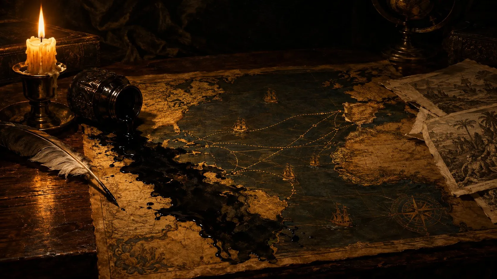 Un tintero volcado derrama tinta negra sobre un mapa antiguo del Atlántico, a la luz de una vela.