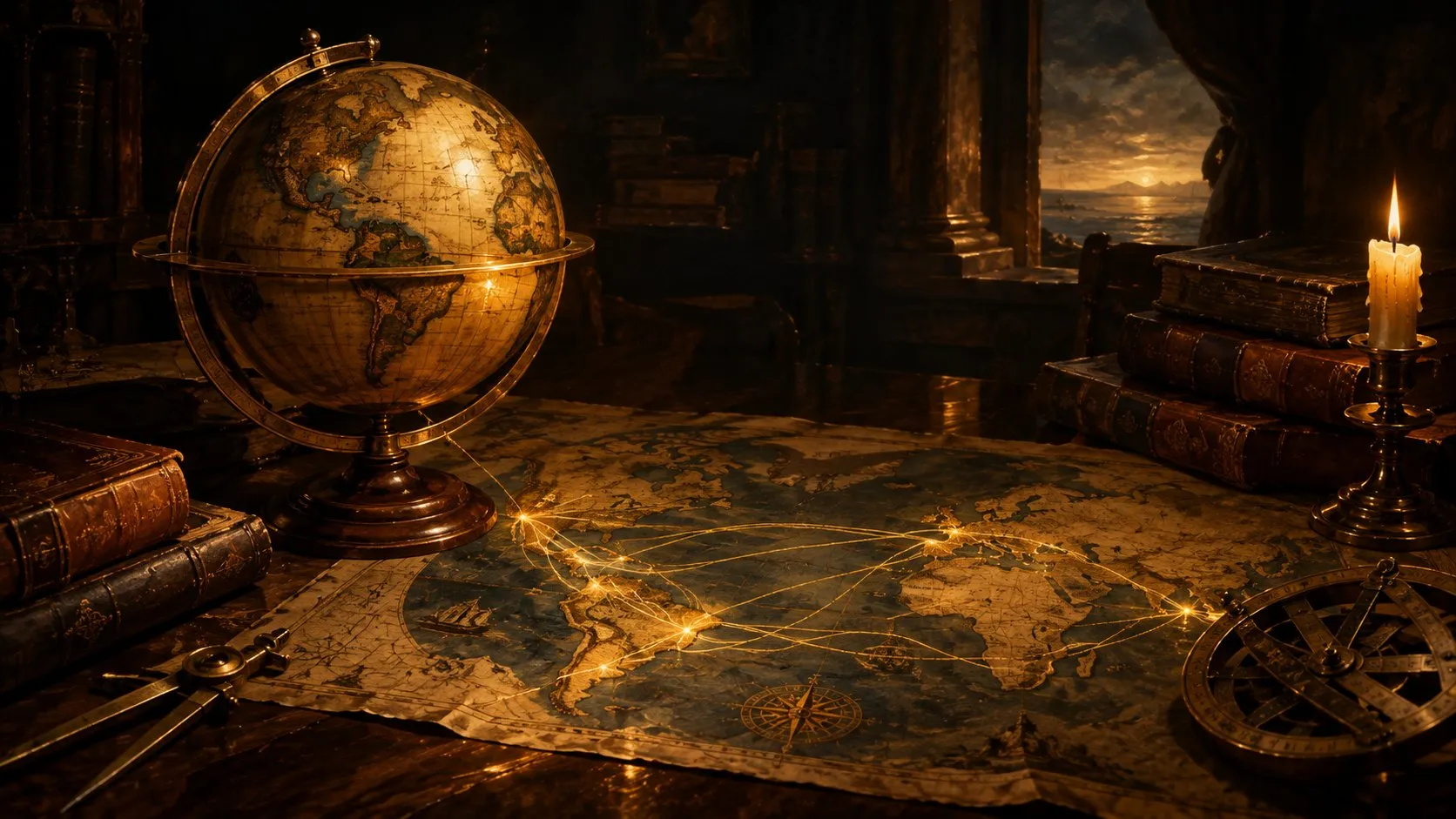 Un antiguo globo terráqueo y un mapa del siglo XVI con hilos dorados que unen la península ibérica con América.